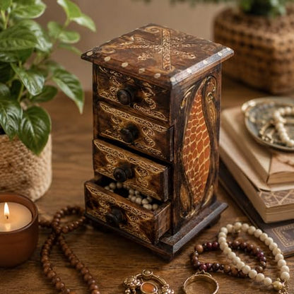 Hand-Carved Wooden Keepsake Box Collection – Decorative Rustic Storage Box, Jewelry Box, Trinket Organizer, Handmade Artisan Wood Home Décor (Drawers) - size: Drawers