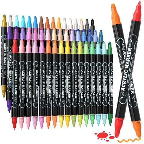 48 Colors Dual Tip Acrylic Paint Markers, Premium Dot & Fine Tip Coloring Paint Pens for Rock, Wood, Fabric, Canvas, Glass, Paper, Ceramic, Scrapbook, Vision Board and DIY Crafts Supplies Art Gifts - style: 48 Colors