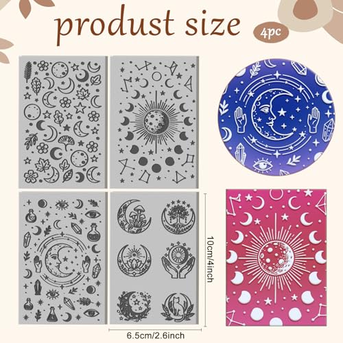 4 Sheets Moon Pattern Clay Texture Mat Phase Divination Elements Polymer Clay Texture Sheets DIY Tools for Pottery Earring Jewelry Making Stamp Engraving Machines, 3.9x2.6inch - style: Divination Elements
