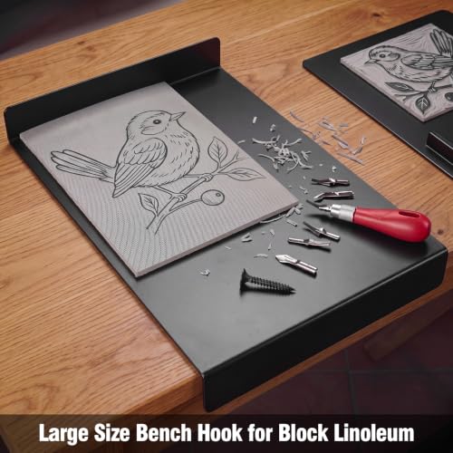 ElaraBerry 14.5" x 12.5" Extra Large Bench Hook Metal Inking Plate for Block Linoleum Printmaking Supplies Printing Carving Printmaking Tool, Heavy Duty Metal with Screw Studio Grade