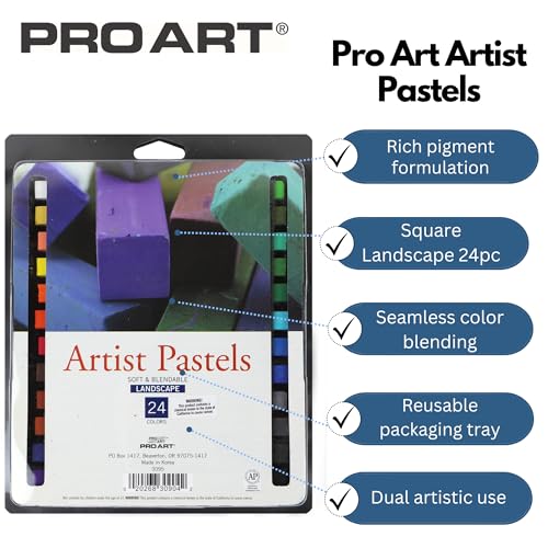 PRO ART Artist Pastels Square 24 Pack Landscape Colors - Soft Chalk Crayons for Drawing and Blending, Professional Art Supplies for Artists, Students, and DIY Craft Projects