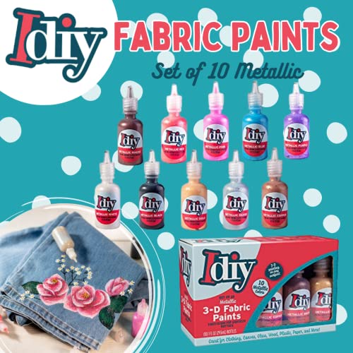 Metallic Fabric Paint Set- 10 Colors Permanent 3D Fabric Paint for Clothes, Canvas, Wood & Rock Painting - Non Toxic & Washable for Kids Arts & Crafts, Summer Camp Activities & DIY Projects - color: Metallic