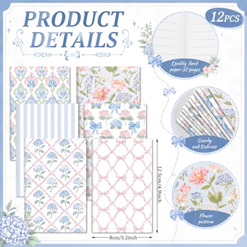 Motiskyy 24 Pcs Blue Hydrangea and Bow Floral Pens Flower Ballpoint Pens Flower Notepads Set Design Line Notebook Employee Gifts Set for Student School Office Supplies, Back to School Gift - style: Pink and White
