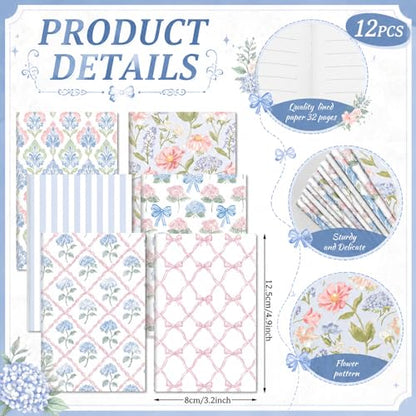 Motiskyy 24 Pcs Blue Hydrangea and Bow Floral Pens Flower Ballpoint Pens Flower Notepads Set Design Line Notebook Employee Gifts Set for Student School Office Supplies, Back to School Gift - style: Pink and White