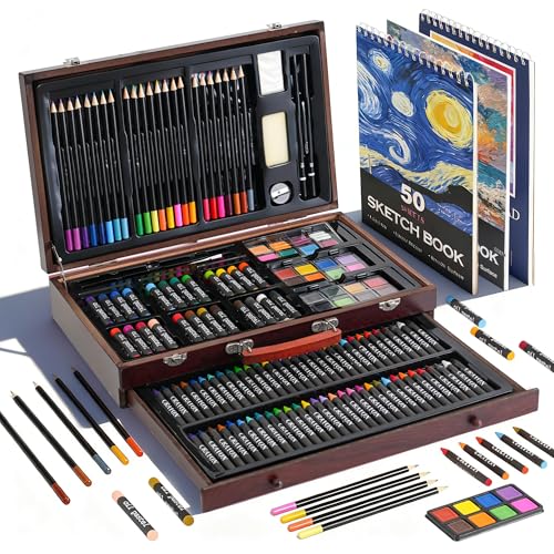 GOTIDEAL 143 Piece Kids Coloring Set,Arts and Crafts Kits with 3 Drawing Pads,Waterclolr Paints,Crayons,Colored Pencils,Paint Set in Wooden Case,Professional Art Kit Gift,Kids,Teens,Beginners（Auburn） - color: Auburn
