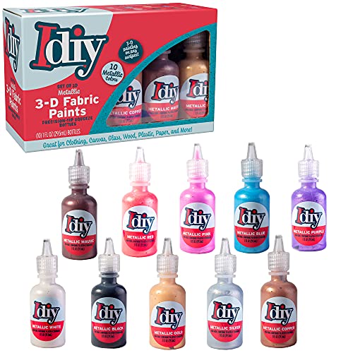 Metallic Fabric Paint Set- 10 Colors Permanent 3D Fabric Paint for Clothes, Canvas, Wood & Rock Painting - Non Toxic & Washable for Kids Arts & Crafts, Summer Camp Activities & DIY Projects - color: Metallic