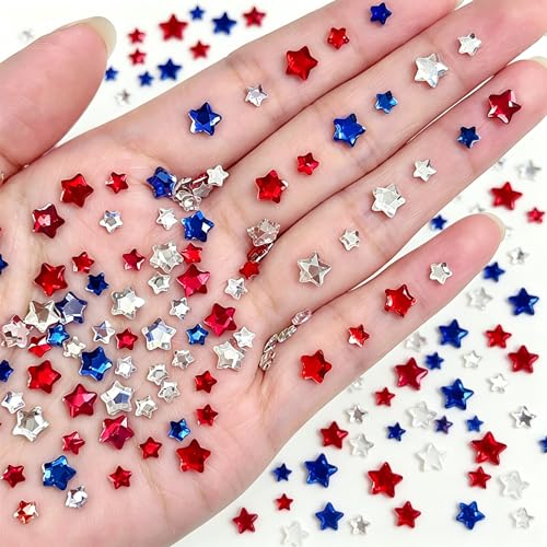 300Pcs Red White Blue Star Nail Rhinestones 4th of July Nail Charms and Gems Flat Back Independence Day Patriotic Star Nail Art Charms Shiny Stars Nail Nail Jewelry for Women Holiday Nail Supplies - color: blue