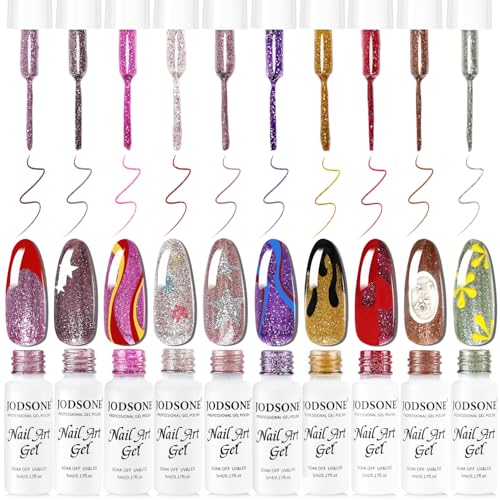 JODSONE Nail Art Gel Liner Set 10 Colors Glitter Purple Gold Green Gel Nail Polish Need U V Lamp Cured with Thin Brush at Home Salon Design,Gifts for Women - color: LB1201-LB1210