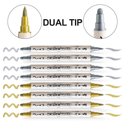 TRANSON 4 Silver and 4 Gold Paint Markers Brush and Bold Dual-tip Acrylic Paint Marker Set for Rock Painting Glass Canvas Wood Leather Ceramic Painting - style: Bold and Brush 4 Gold and 4 Silver
