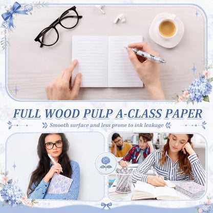 Motiskyy 24 Pcs Blue Hydrangea and Bow Floral Pens Flower Ballpoint Pens Flower Notepads Set Design Line Notebook Employee Gifts Set for Student School Office Supplies, Back to School Gift - style: Pink and White