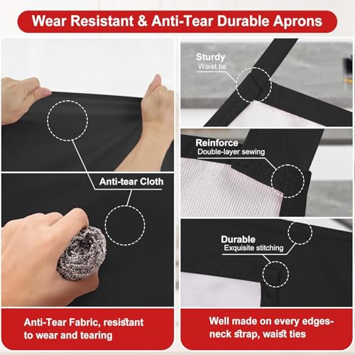 SHEOMERN 3 Pcs Dual Waterproof Oilproof Kitchen Chef Aprons with 4 Pockets for Men Women, Adjustable Soft Anti-Tear Cooking Bib Apron for Baking Grilling BBQ Painting Cleaning (Black) - color: Black