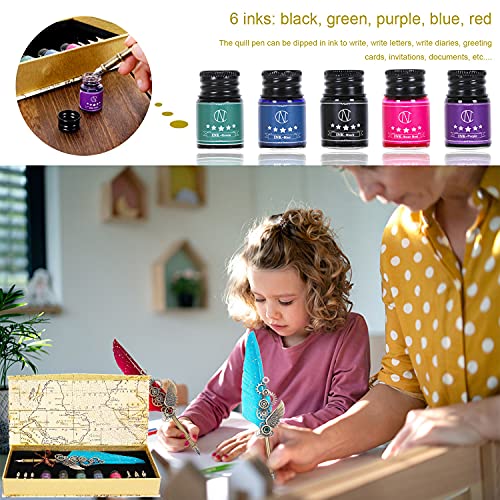 NC Quill Pen Ink Set Includes 5 Bottles of Ink and 6 Replaceable Stainless Steel Nibs, Feather Pen for Writing, Signing Invitations Etc. (Sky Blue) - color: Sky Blue