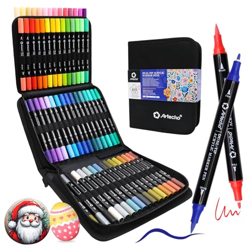 Artecho Acrylic Paint Markers 60 Colors with Bag, Acrylic Paint Pens with Brush Tip and Fine Tip for Stone, Rock Painting, Paper, Pumpkin, Wood, Egg, Canvas, Ceramic, Fabric, leather, Glass - color: 60 Colors