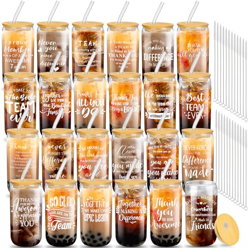 Layhit 24 Set Thank You Team Gifts for Employees Staff Coworker Appreciation Gifts for Teacher Nurse Thank You Glass Cups 16 oz Can Shaped Beer Glass with Lids Straws Brushes(Classic Style) - style: Classic