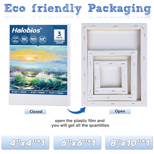 Halobios Stretched Canvases for Painting with 4x4 Inch, 6x6 Inch, 8x10 Inch, 3 Packs Pinting Blank Canvases for Acrylics,Oils & Other Painting Media, 5/8 Inch Profile 100% Cotton Artist Framed Canvas - size: 3 Pack Mixed - 8×10IN 6×6IN 4×4IN
