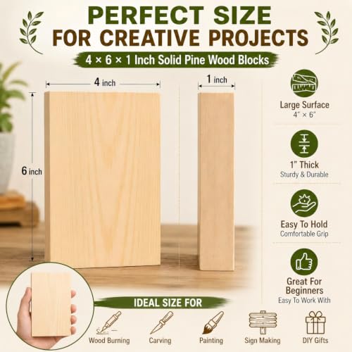 Unfinished Wood Blocks for Crafting, 4 Pcs Unfinished Wood Carving Blocks, 4X6X1 Inch Solid Pine Wood Carving Blocks for Crafts DIY Projects Art Classes Photo Blocks Beginners and Adults - size: 4x6x1 Inch