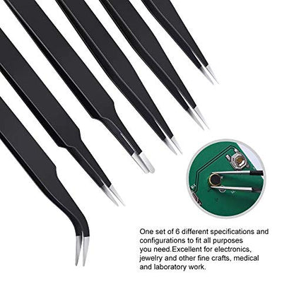 6PCS Precision Tweezers Set, Upgraded Anti-Static Stainless Steel Curved of Tweezers, for Electronics, Laboratory Work, Jewelry-Making, Craft, Soldering, etc, by kaverme. - style: 6pcs