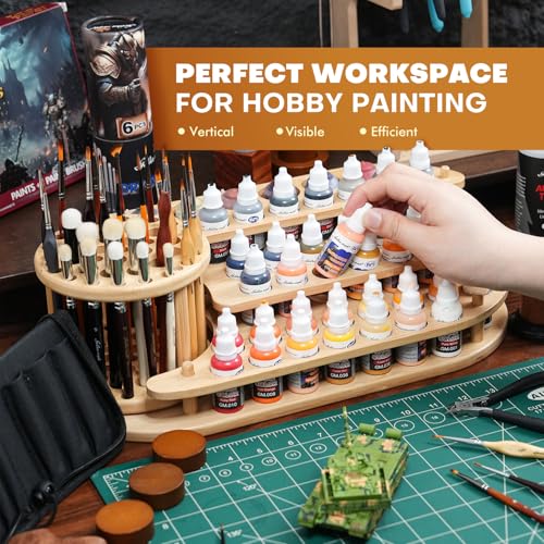 golden maple Bamboo Paint Organizer & Brush Holder 2-in-1, 3-Tier | 42 Paint Bottle Holes, 39 Paint Brush Slots, Desktop Storage Rack, For Miniature Model Painting & Art Crafts