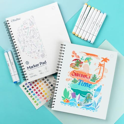 Ohuhu Double-Sided Marker Pads Art Sketchbook Bleedproof - 9"x12" Large Paper Size - 90 LB/150 GSM Smooth Drawing Paper - 60 Sheets/120 Pages, Spiral Bound Sketching Book for Alcohol Markers - size: 9" x 12”