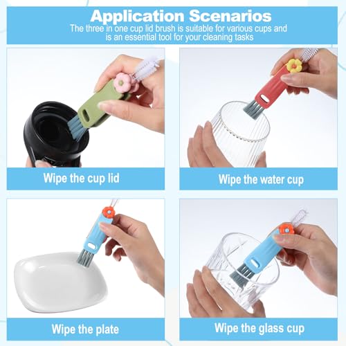 Hecila 3 in 1 Cup Lid Cleaning Brush Cup Lid Cleaning Brush 6PCS Multifunctional Bottle Cleaner Brushes 180° Rotatable Hangable Cups Crevice Cleaner Portable 3 Colors Home Kitchen Crevice Brushes