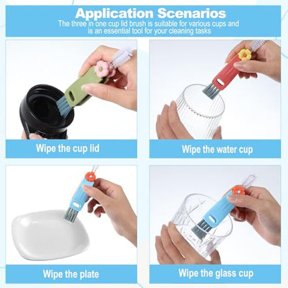Hecila 3 in 1 Cup Lid Cleaning Brush Cup Lid Cleaning Brush 6PCS Multifunctional Bottle Cleaner Brushes 180° Rotatable Hangable Cups Crevice Cleaner Portable 3 Colors Home Kitchen Crevice Brushes