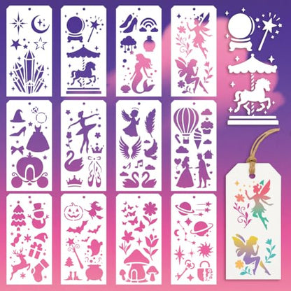 12 Pcs Fantasy Stencils for Painting, 12 Styles Fairy Painting Stencils Reusable Art Drawing Templates for Painting on Wall Wood Home Decor - style: Mystic