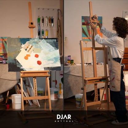 DJAR Large H-Frame Art Easel for Painting, Hold Canvas up to 49’’, Natural | Solid Beech Wood Adjustable Floor Stand with Storage Tray, Premium Art Supplies for Professional Artists, Students and Adults