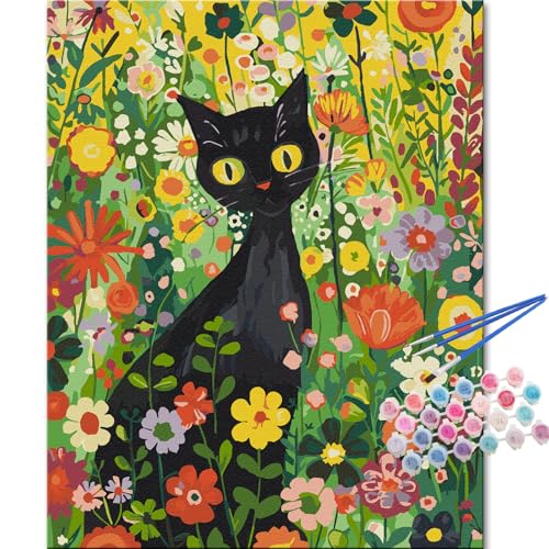 TOCARE Black Cat Paint by Numbers Kit for Adults, Flower Kitty Adult Paint by Number Canvas,Acrylic Adults' Paint-by-Number Kits Cat for Home Wall Decor 16x20inch - color: TC-OPC-102