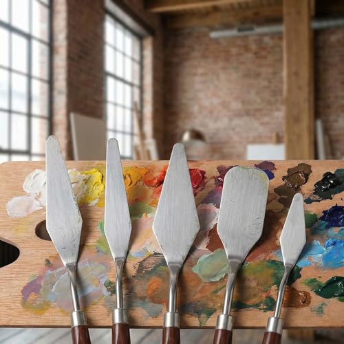 5pcs Palette Knife Painting Stainless Steel Spatula Wood Handle | Oil Paint Knives, for Oil Painting, Acrylic Painting, Paint Mixing, Texture Art, Canvas and Artist Use