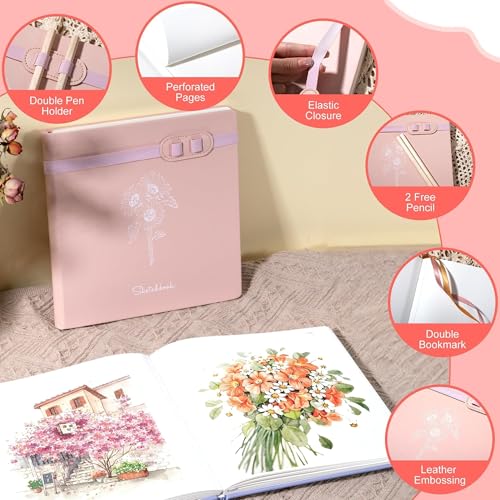 Yoment Hardcover Sketch Book, Sketchbook for Drawing with 2 Pencils, 150GSM Thick Paper, Square Art Sketch Book Drawing Paper Book 160 Pages Sketch Pad Journal for Women Adults,Gift Boxed, Pink - color: Pink