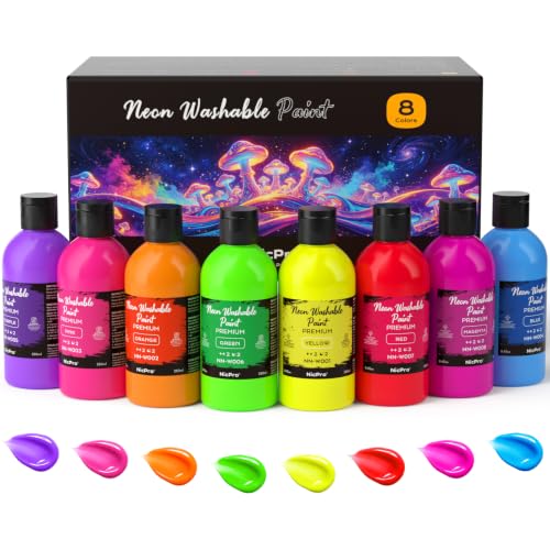 Nicpro 8 Colors Fluorescent Large Washable Paint Set for Kid (8.45 oz), Glow in the Black Light, Non Toxic Neon Tempera Paints for Art, Craft DIY, Poster & Finger Paint, School, Home, Classroom, Party - size: 8.45 Fl Oz (Pack of 8)