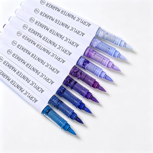 languo Acrylic Paint Markers, 9 Blue Purple Series Colors Acrylic Paint Pens, Soft Brush Tip Marker with Water Based Ink for Rock Painting, Wood, Glass, Fabric, DIY Art and Craft - color: Blue Purple Series