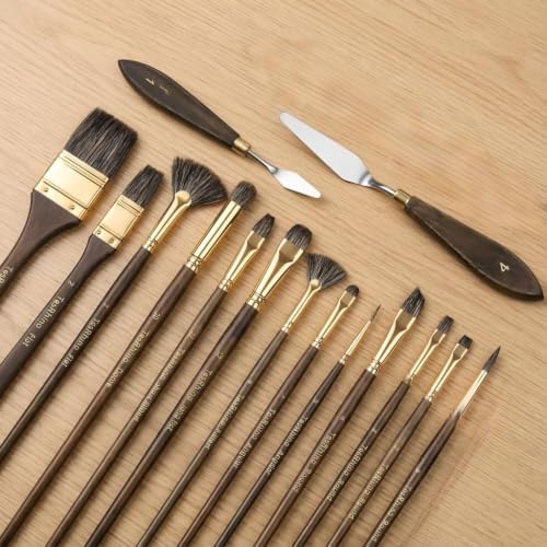 15Pcs Professional Oil Paint Brush Set with Palette Knives, Natural Badger Hair Blending Brushes, Ergonomic Birch Wood Handle for Acrylic, Oil and Gouache Painting, Artists and Beginners