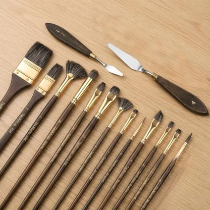 15Pcs Professional Oil Paint Brush Set with Palette Knives, Natural Badger Hair Blending Brushes, Ergonomic Birch Wood Handle for Acrylic, Oil and Gouache Painting, Artists and Beginners