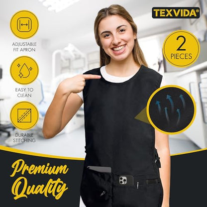 5 Pockets Cobbler Aprons for Women Men (Pack of 2) – Zipper Pocket Smock Apron - color: Black, size: Standard