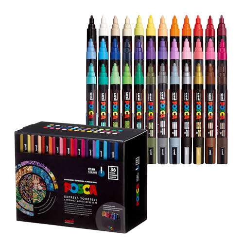 POSCA PC-5M Water-Based Paint Markers, Medium Point (1.8-2.5mm), Assorted Colors, 36 Pack with Display Caddy - size: 1 Count (Pack of 36), style: Round Tip