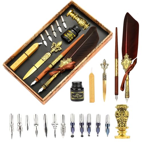 Joyeee Calligraphy Set for Beginners Adults, Inclued Antique Sealing Wax Kit, Wooden Comic Dip Pen, 17 Dip Pen Nibs for Writing, 2 in 1Pen Stand Base and Wax Stamp for Sealing Letter, Brown - color: #112 Brown