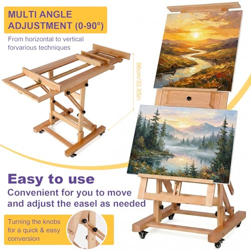 Wooden H-Frame Convertible Easel with 4 Lockable Wheels Adjustable Movable Tilting Easels Holds Canvas Art Up to 78.7In High for/Home/Studio/Outdoor
