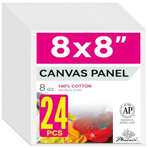 PHOENIX Painting Canvas Panels 8x8 Inch, 24 Bulk Pack - 8 Oz Triple Primed 100% Cotton Acid Free Square Canvas Boards for Painting, White Blank Flat Canvas Boards for Acrylic, Oil Paints - color: White - Bulk Pack, size: 8" x 8"