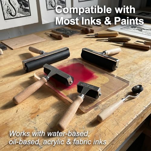 Soft Rubber Brayer – 45A Durometer Printmaking Roller, 8 Inch, for Gel Printing, Linocut & Block Printing, Heavy-Duty Steel Frame with Wood Handle - size: 8 in