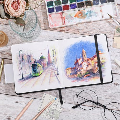 Prudiut Pocket Sketchbook 5 x 5 in, Hardcover, 80 Sheets, Black | 160gsm acid-free paper, elastic closure and ribbon bookmark, compact travel size for sketching on the go - color: Black