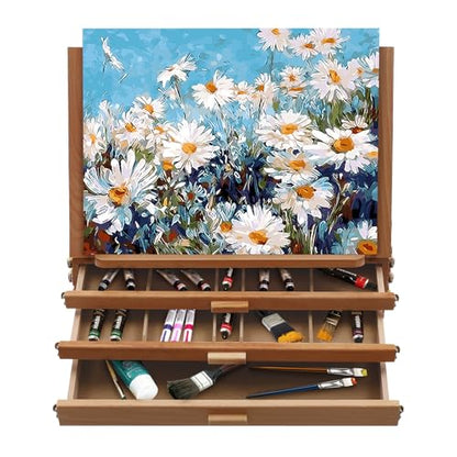 Large Tabletop Easel with 3 Storage Drawers, Portable Travel Art Easel with Palette，Adjustable Beech Wood Table Top Easel, Foldable (0-60° Angle), for Canvases, Books, Artists, Students