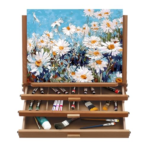 Large Tabletop Easel with 3 Storage Drawers, Portable Travel Art Easel with Palette，Adjustable Beech Wood Table Top Easel, Foldable (0-60° Angle), for Canvases, Books, Artists, Students
