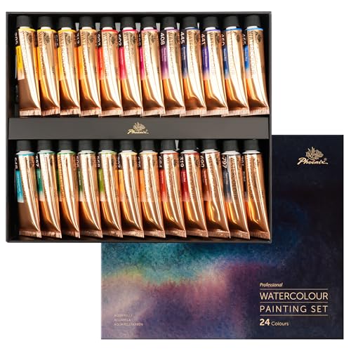 PHOENIX Professional Watercolor Paint Tube Set （Gold Tube）- 24 Colors x 14ml / 0.47 Fl oz. - Water Color Painting Set for Artists - color: 24 Colors（Gold Tube）, size: 0.47 Fl Oz (Pack of 24)