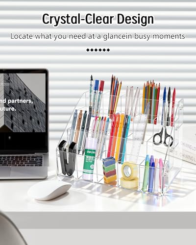 Slanted Acrylic Pencil Holder for Desk, 4 Tier Multi-Compartment Pen Storage Organizer | Clear Desktop Stationary Cup & Brush Display Case with Durable Hardware - size: 4 Layers