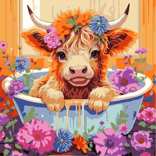 AALBLAC Cow Paint by Numbers for Adults- Highland Cow Paint by Numbers Kit for Adults Beginners,DIY Easy Acrylic Paint by Number Canvas for Home Wall Decor 16x16 inch - color: Cow Flowers-40X40