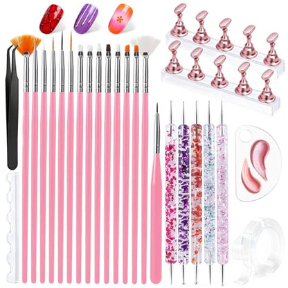 Artdone Nail Art Brushes With Nail Stands Nail Art Tool Set, Dotting Tools, Dust Brush,Striping Brushes for Long Lines, Drawing Pen For Gel Polish Design supply - color: Nail Brushes And Stand Kit A