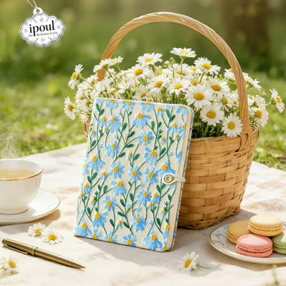 A5 Sketchbook, Flower Notebook, Embroidered Journal, Daisy Gifts for Women, 8"x6" Notebook, Hardcover, Lay Flat, Personalized Notebook, Unlined Notebook, Plain Journal, Blue Daisy - color: A5-Button-Blue, style: Plain