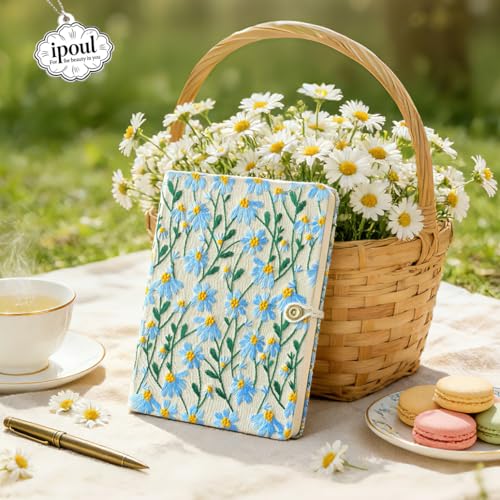 A5 Sketchbook, Flower Notebook, Embroidered Journal, Daisy Gifts for Women, 8"x6" Notebook, Hardcover, Lay Flat, Personalized Notebook, Unlined Notebook, Plain Journal, Blue Daisy - color: A5-Button-Blue, style: Minimalist