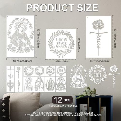 Sitsink Religious Stencils for Crafts Reusable - 12 Pcs Chiristian Cross Inspirational Stencils for Wood Burning Wall Furniture Decor Drawing Template - style: religious